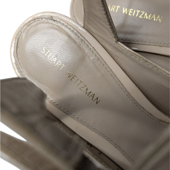 Stuart Weitzman Shape Cashew Gloss Patent Leather Halo Strap Heels Size 7 Block - Picture 14 of 15